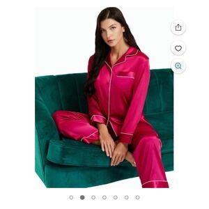 Pajama Set LONXU Silk Satin Button Front Long Sleeve‎ Red Size XL Woman's Sleep